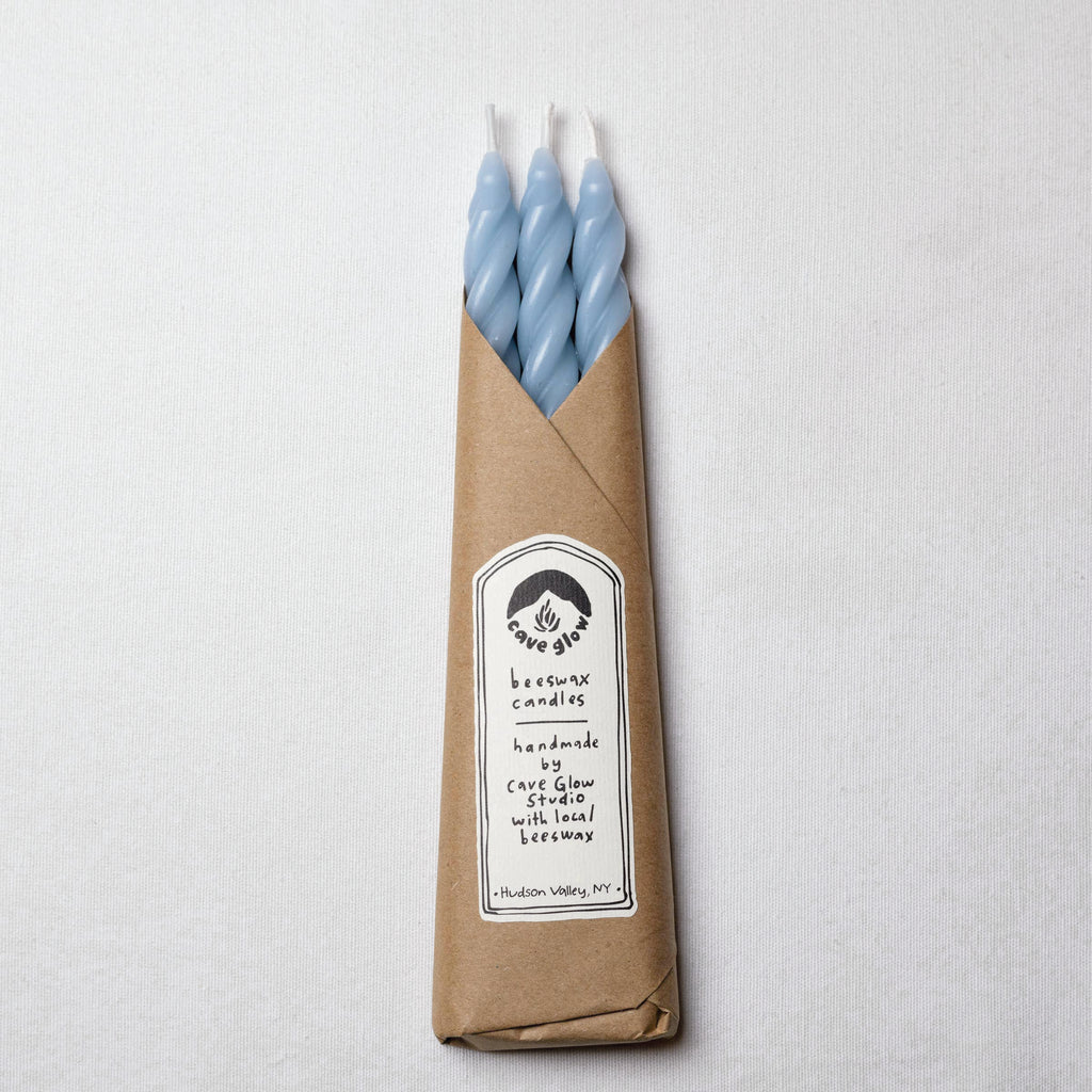 Elegant Sky Blue Spiral Beeswax Taper Candles: Set of 3